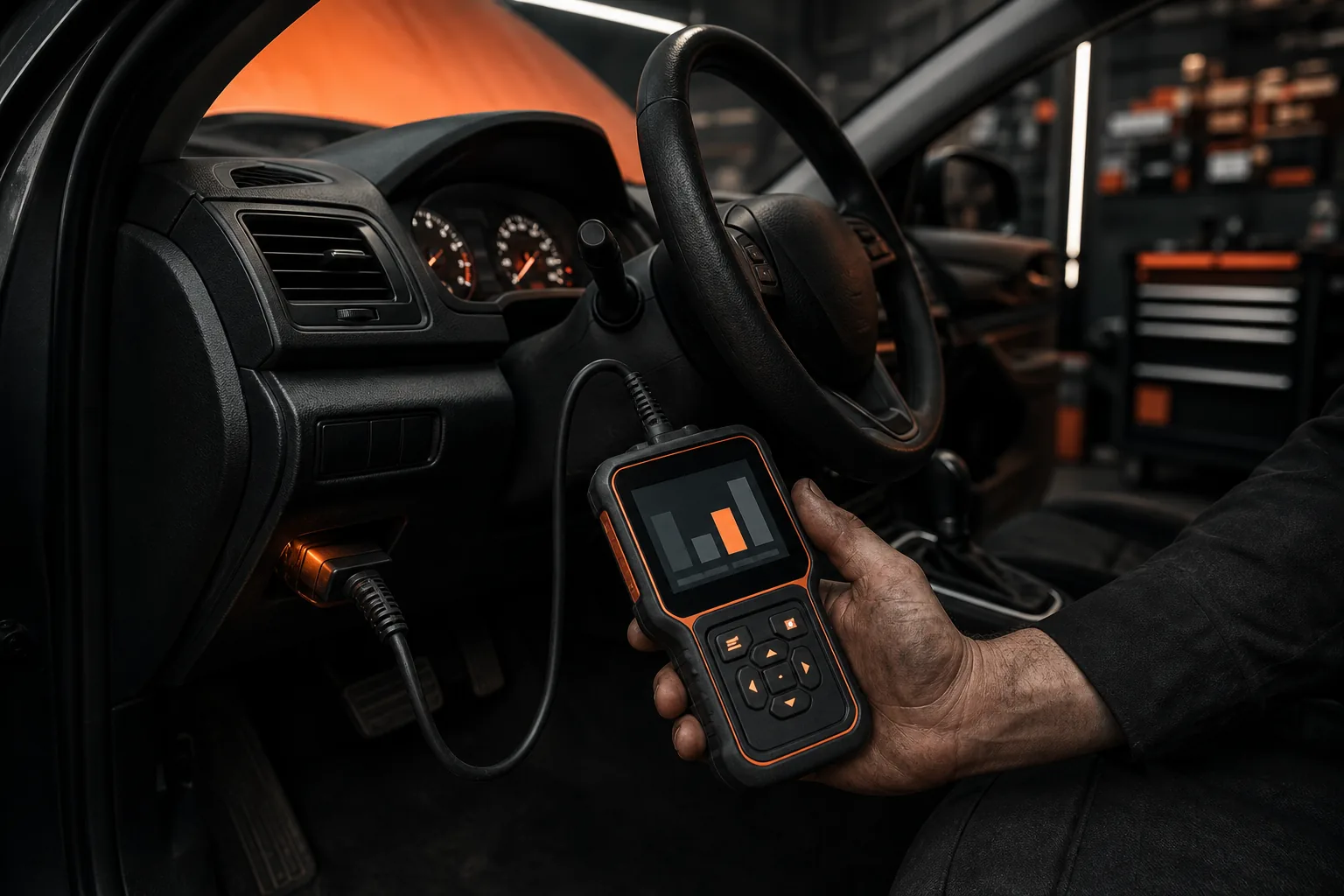 OBD-Diagnosegerät am Fahrzeugsteuergerät, Artikelbild 1200x800 Pixel